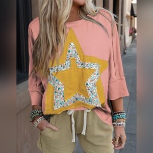 Rose Tan Floral Starbust Exposed Seam Mineral Wash Top